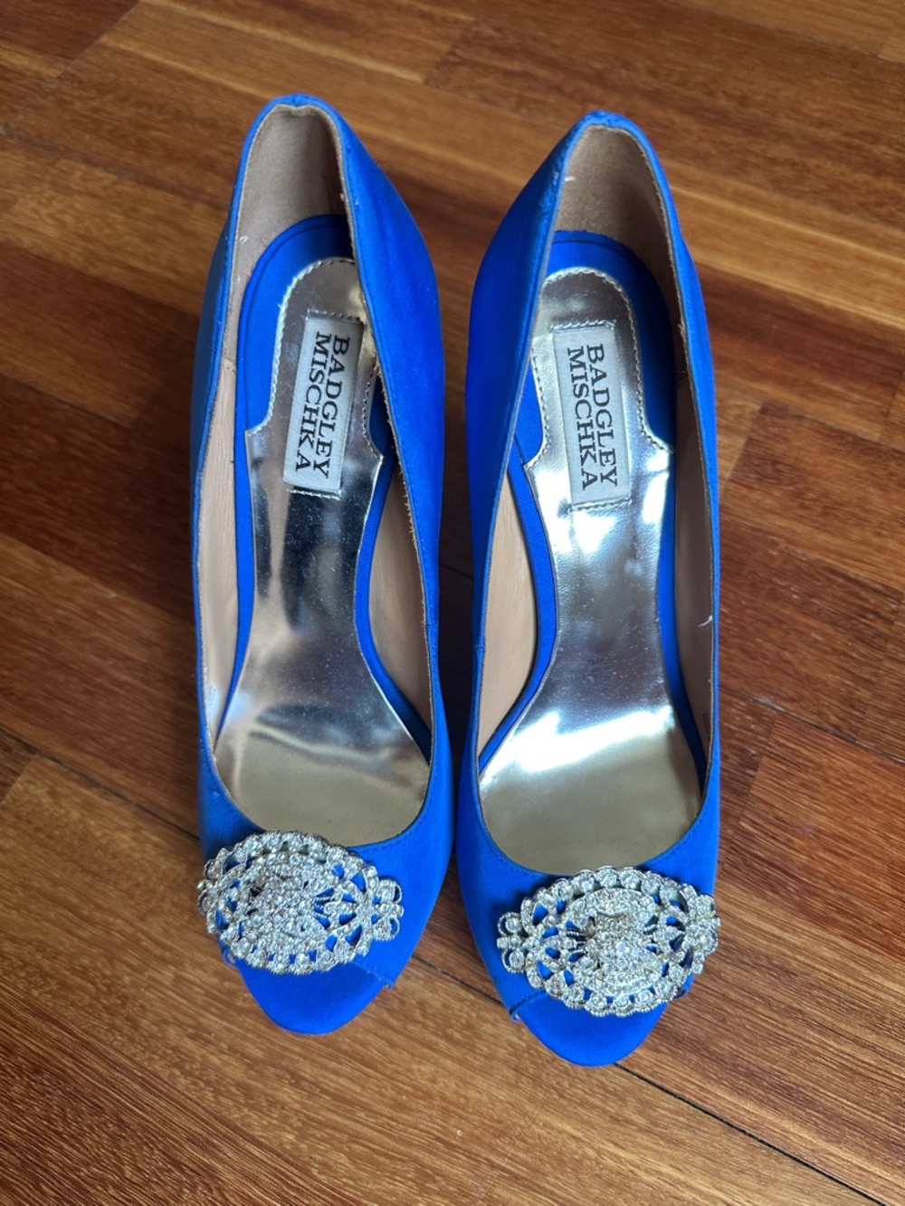Badgley Mischka Cobalt Blue Satin Peep-Toe Heels with Crystal Brooch